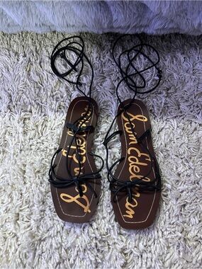 Sam Edelman Black Leather Lace-Up Flat Sandals